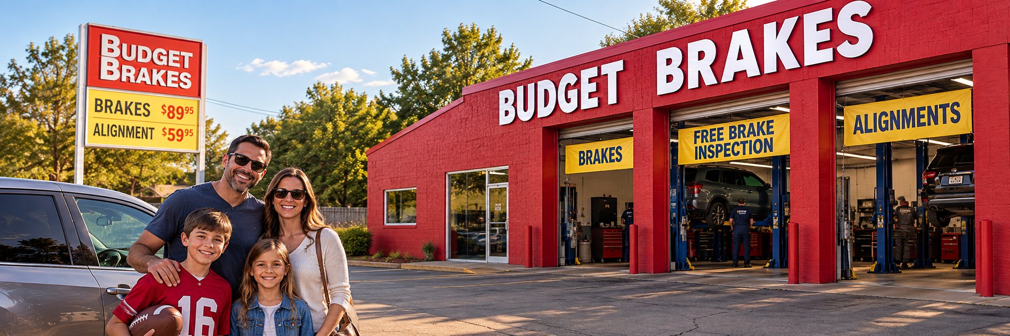 A family in front of their Budget Brakes shop