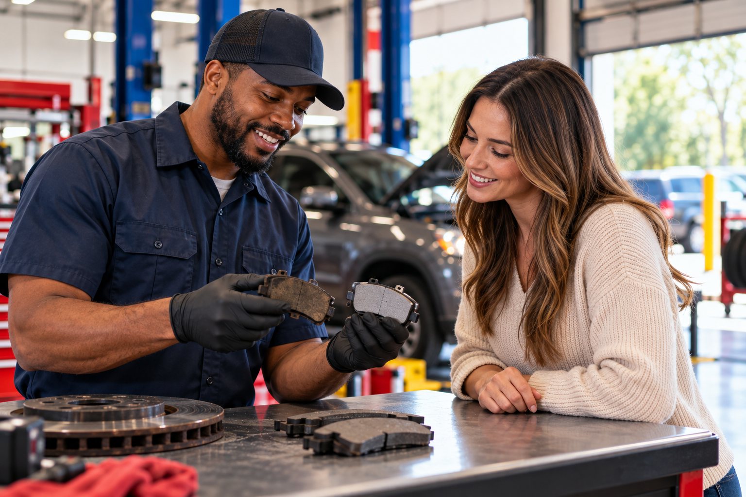 A technician holds a worn brake pad next to a new one to show a customer the difference