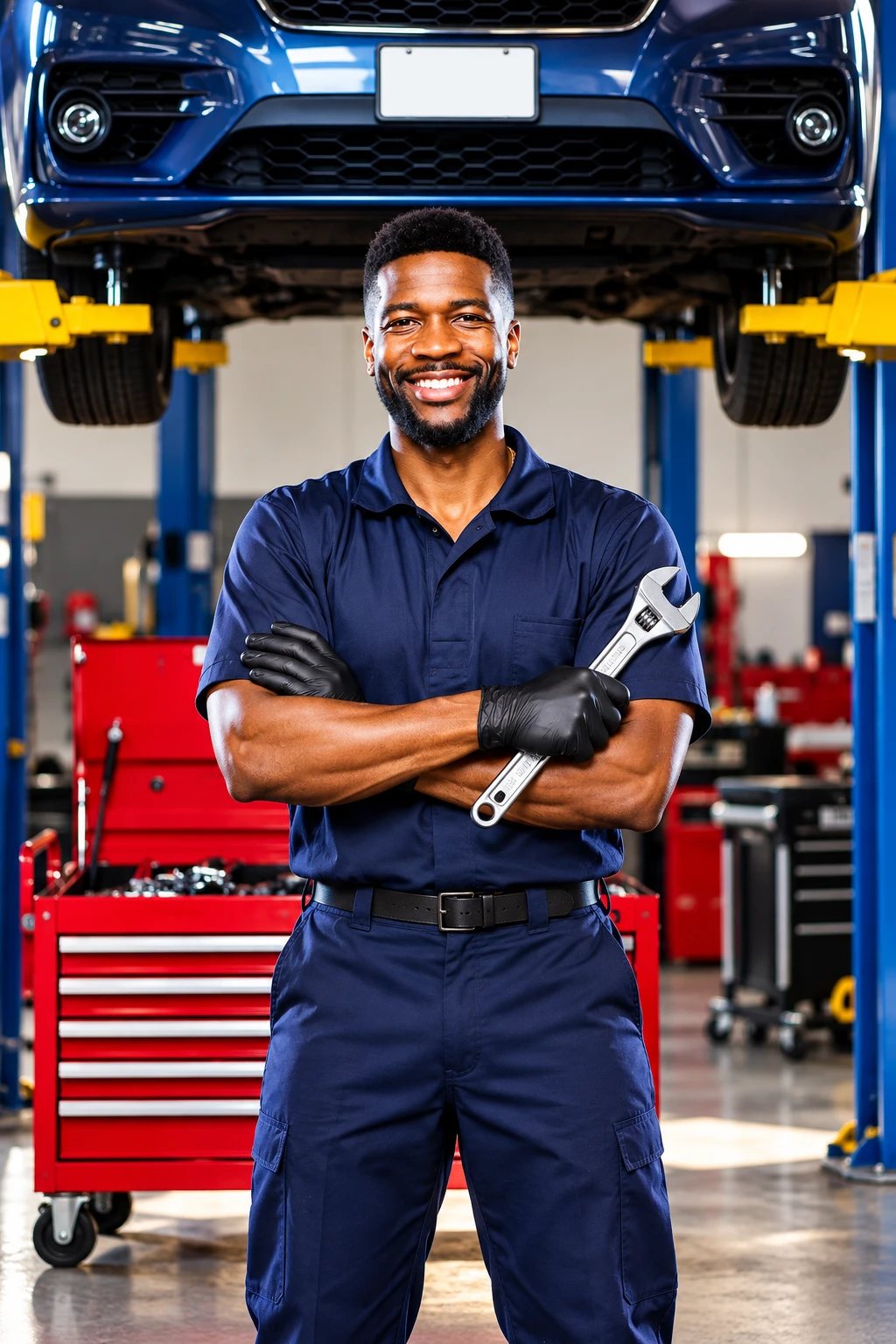 A Budget Brakes technician stands in front of a car on a lift
