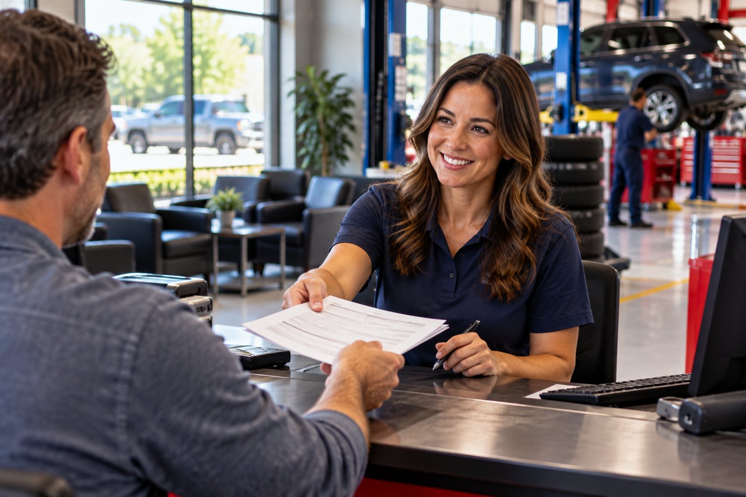 A service advisor handing a written estimate across the counter
