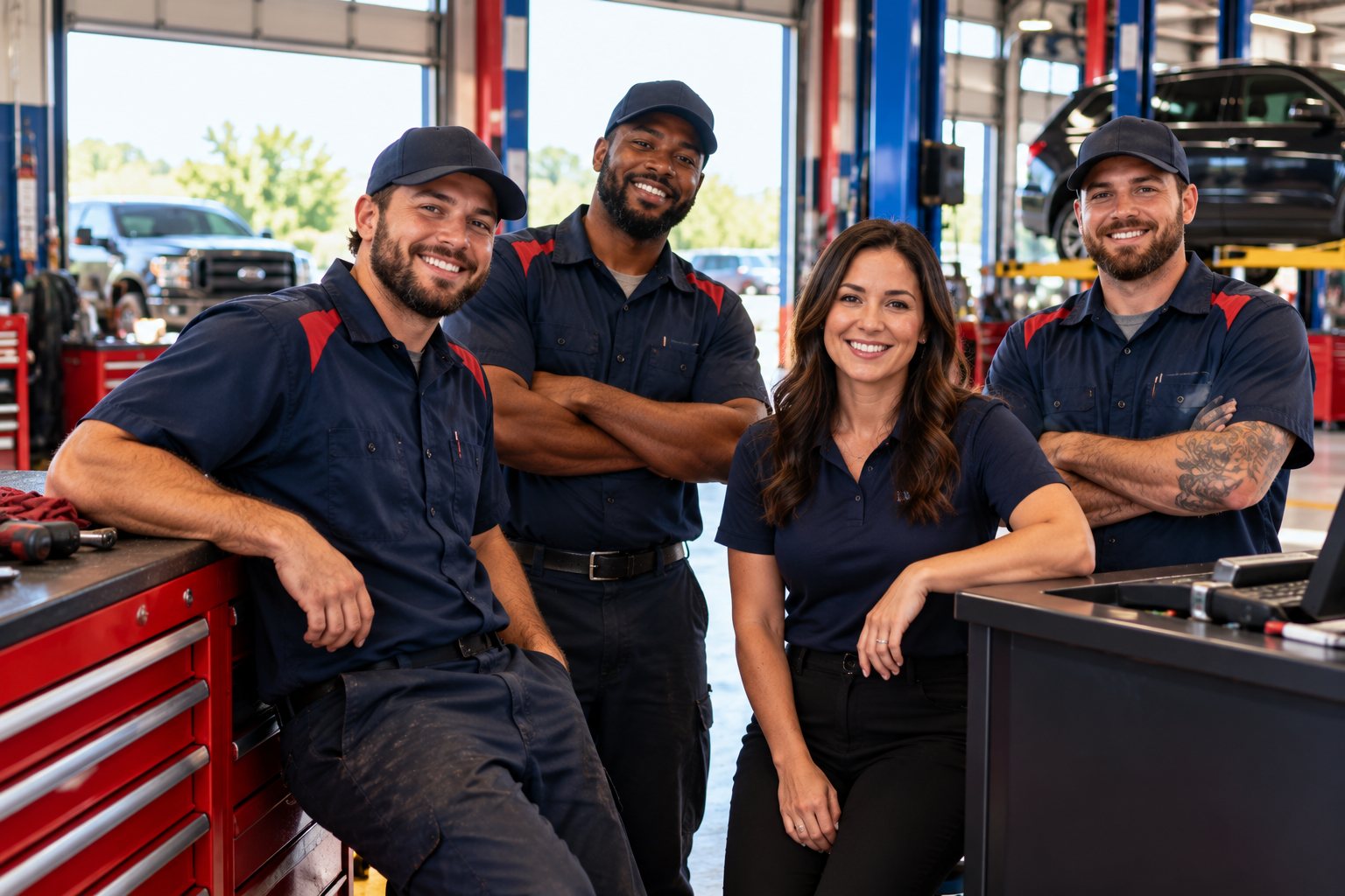 The Budget Brakes team in front of an open service bay