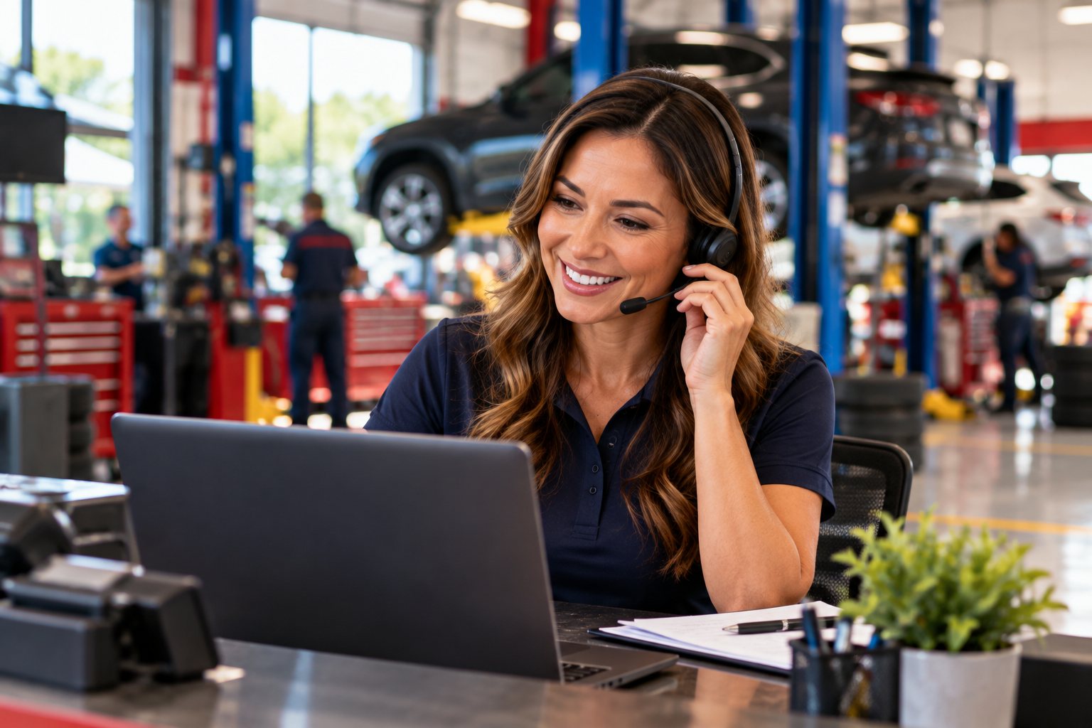 A Budget Brakes service advisor on the phone at the counter