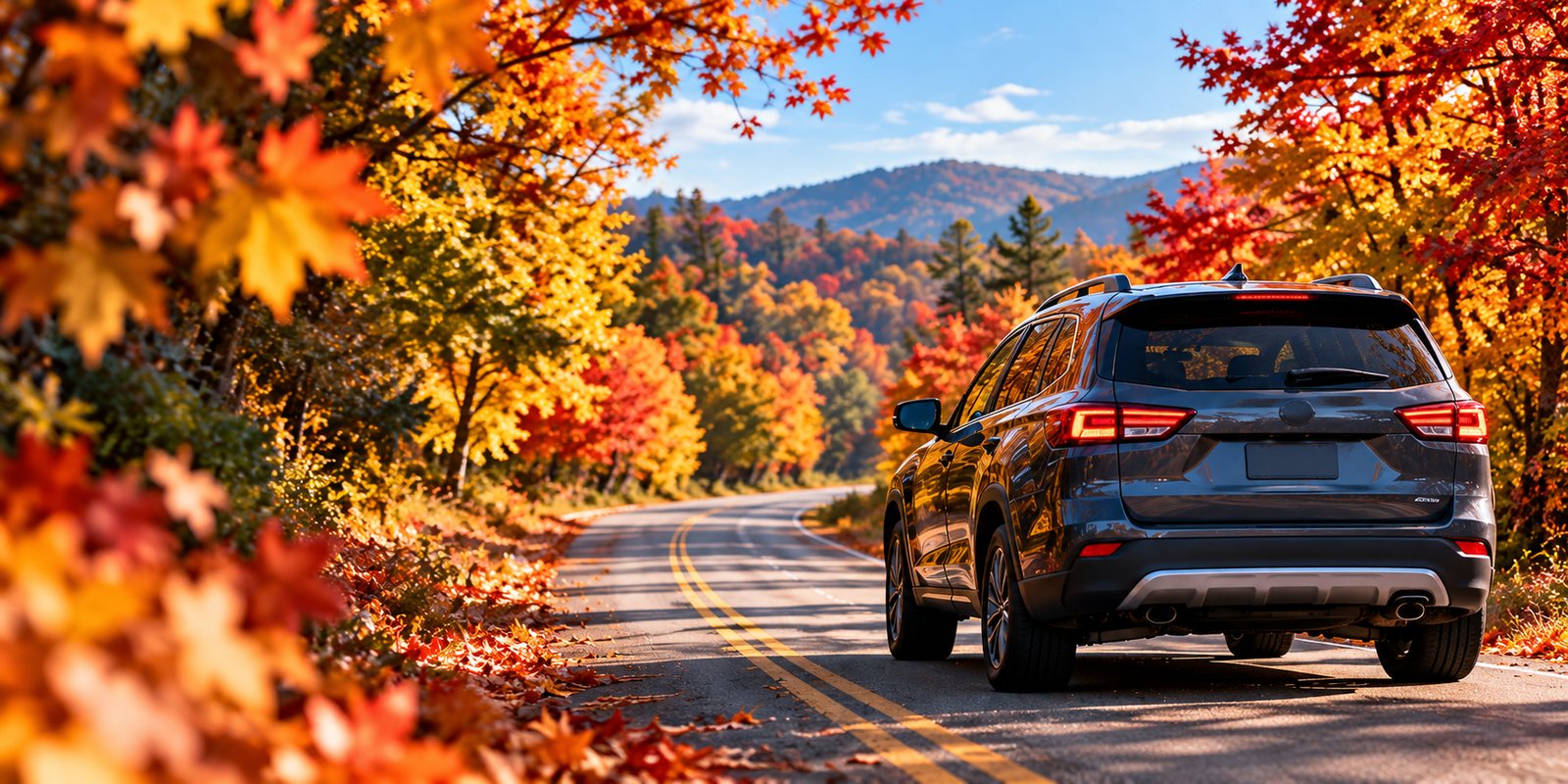 An SUV on a two-lane road through autumn trees