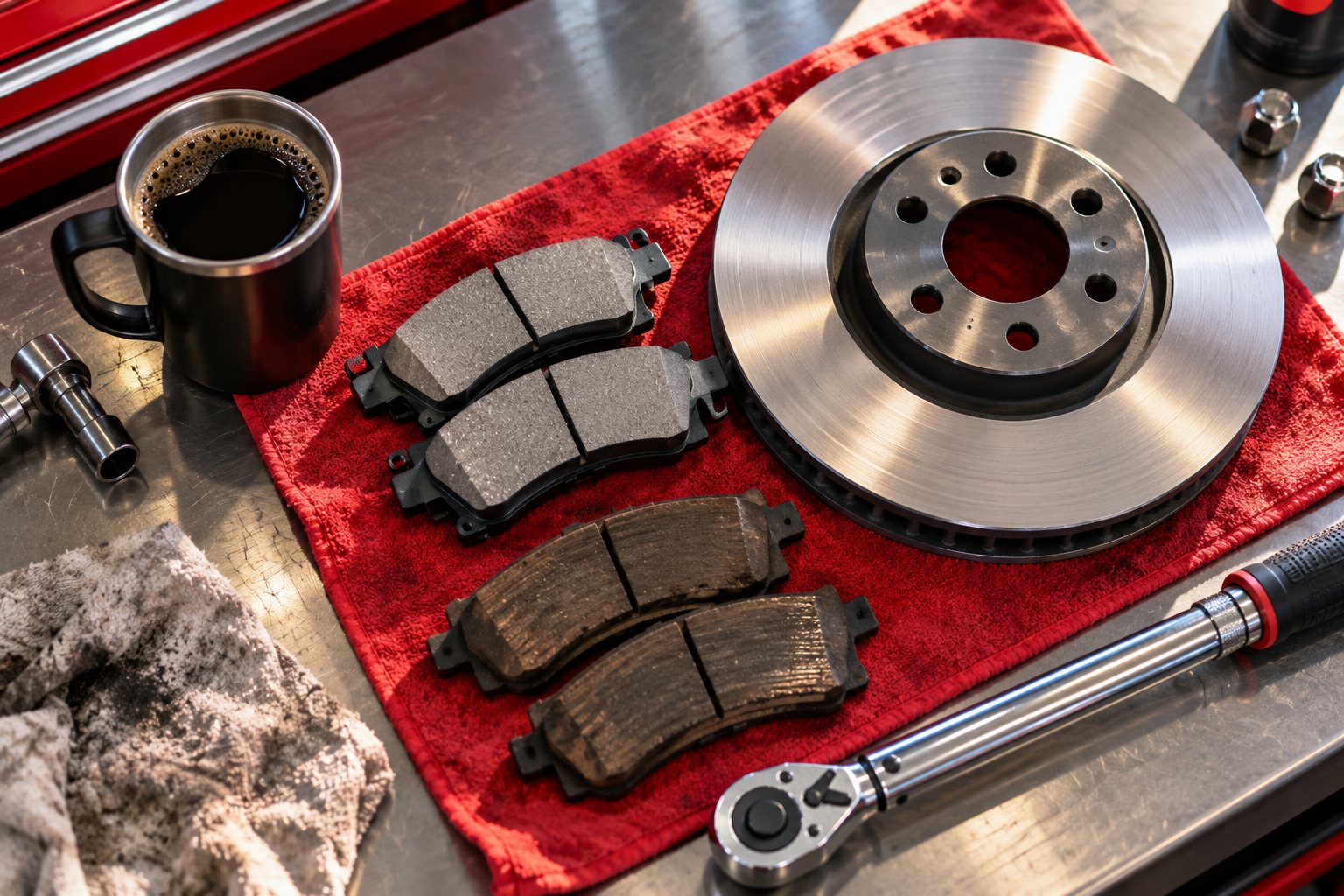 New brake pads and a rotor laid out on a red shop towel