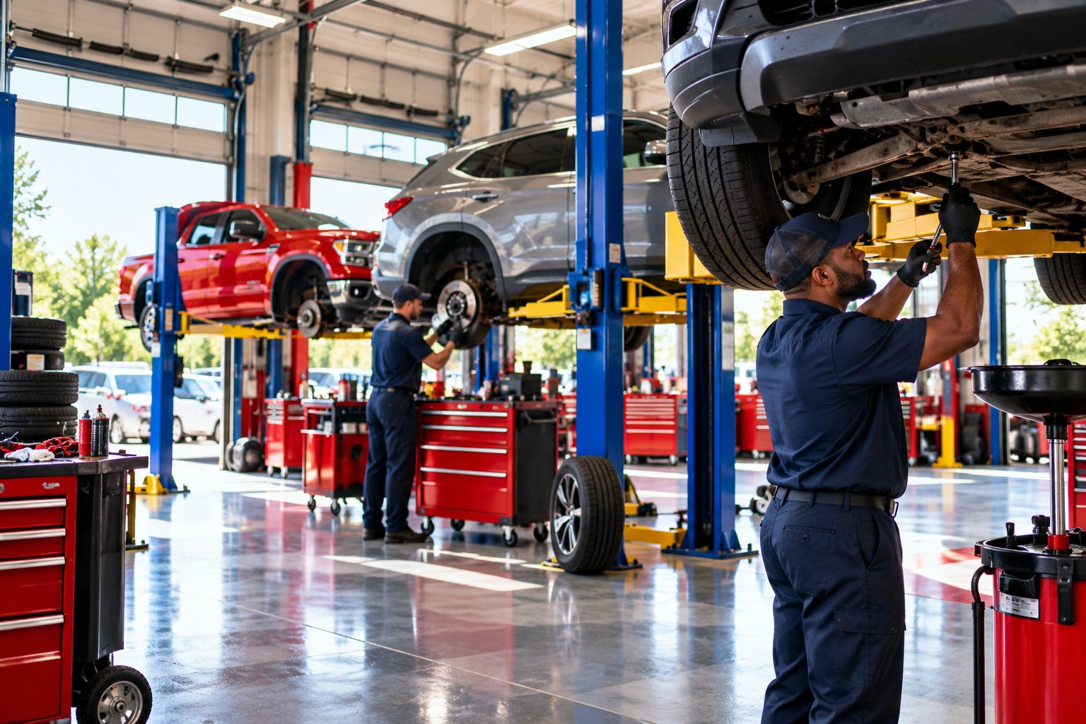 Technicians working under cars raised on lifts in a busy service bay